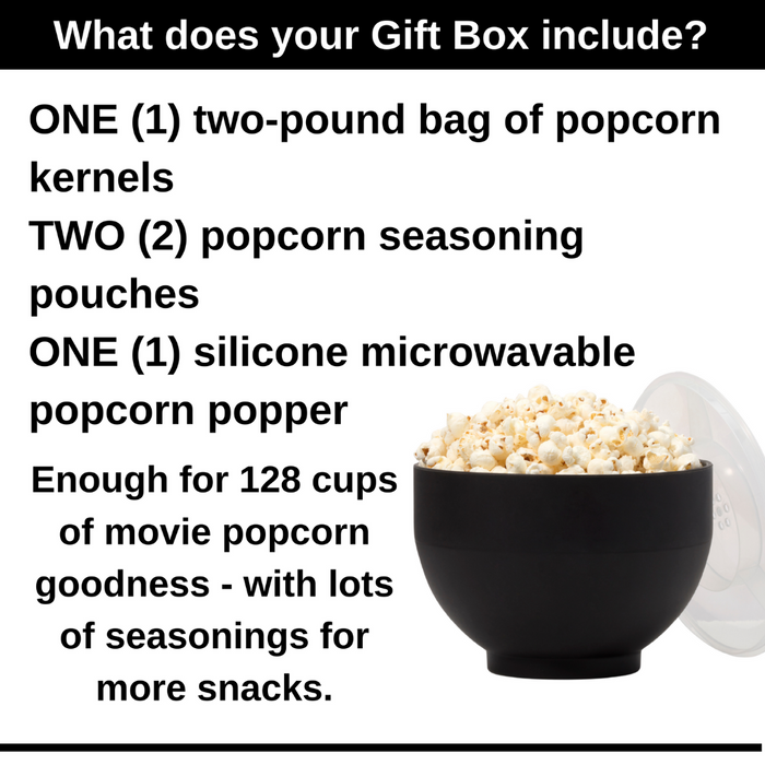 Family Sized Popcorn Gift Set: 2 Popcorn Seasonings + 2 Pounds Popcorn Kernels + Silicon Popper description - Dell Cove Spices