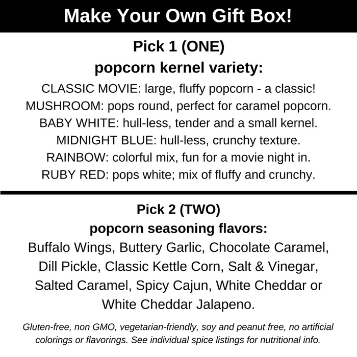 Family Sized Popcorn Gift Set: 2 Popcorn Seasonings + 2 Pounds Popcorn Kernels + Silicon Popper - choice options - dell cove spices