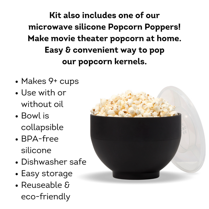 Family Sized Popcorn Gift Set: 2 Popcorn Seasonings + 2 Pounds Popcorn Kernels + Silicon Popper - popper description