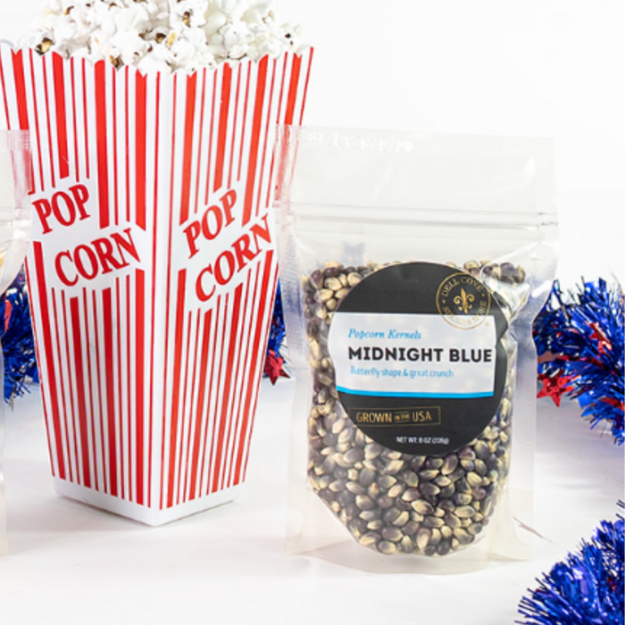 Midnight Blue popcorn with popped popcorn in patriotic popcorn boxes - Dell Cove Spices