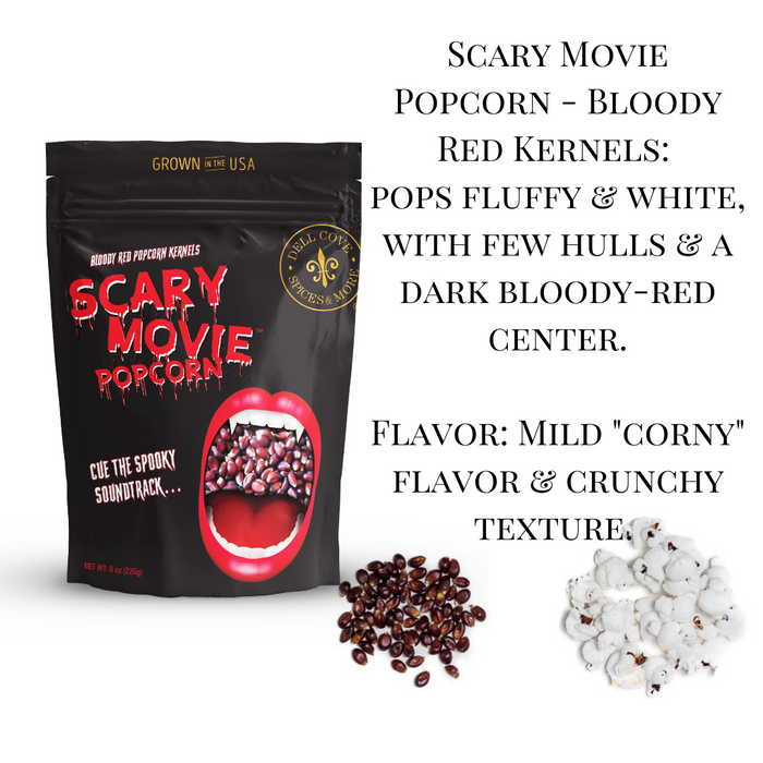 Scary Movie Popcorn Kernels - Bloody Red on White Background with product description - Dell Cove Spices