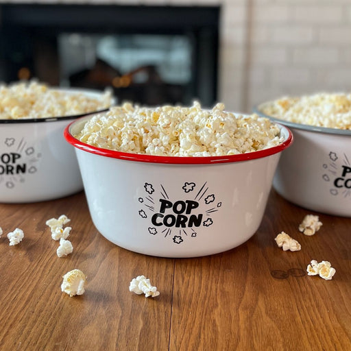 enamel popcorn bowls with red and gray and black rims - dell cove spices